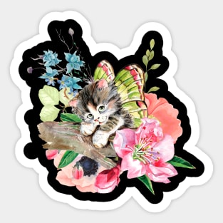 Cute Kitten on Watercolor Flowers Sticker